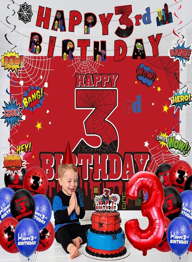Wayyogh زينة عيد الميلاد الثالث بتصميم العنكبوت، لافتة عيد ميلاد سعيد باللونين الأحمر والأسود، خلفية مزينة بحلقات معلقة، بالونات رقم 3، زينة كعكة للأطفال بعمر 3 سنوات، لوازم حفلات بتصميم شبكة العنكبوت الكرتونية، هدايا تذكارية، ديكور عيد الميلاد الثالث - Image 3