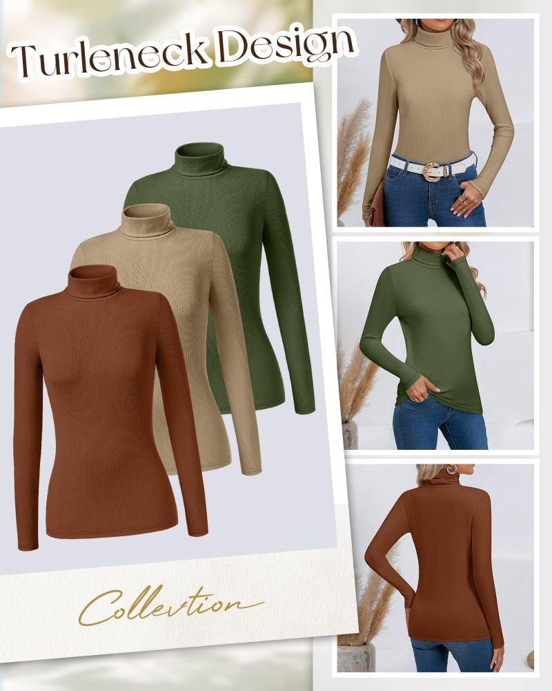 Ficerd 3 Pack Women's Ribbed Thermal Turtleneck Tops Long Sleeve Stretch Shirts Knitted Fitted Lightweight Base Layer(Large,Army Green, Khaki, Caramel) - Image 5