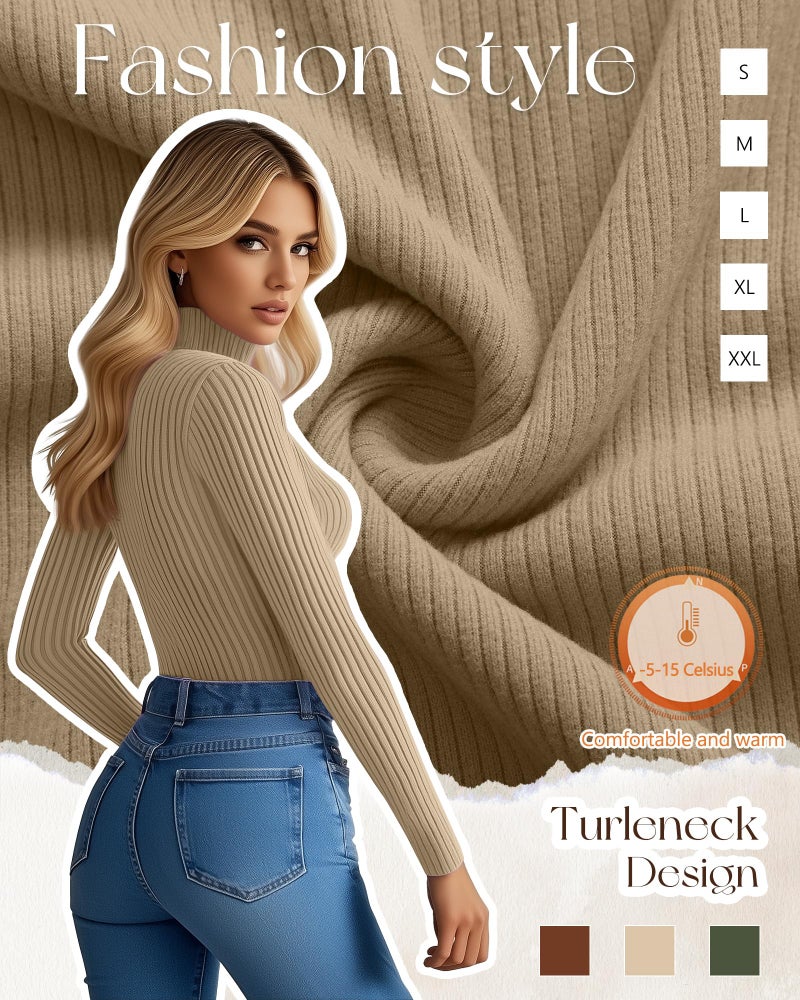 Ficerd 3 Pack Women's Ribbed Thermal Turtleneck Tops Long Sleeve Stretch Shirts Knitted Fitted Lightweight Base Layer(Large,Army Green, Khaki, Caramel) - Image 3