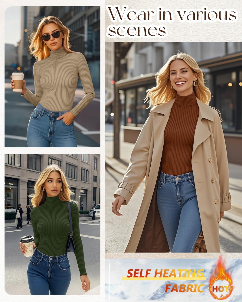 Ficerd 3 Pack Women's Ribbed Thermal Turtleneck Tops Long Sleeve Stretch Shirts Knitted Fitted Lightweight Base Layer(Large,Army Green, Khaki, Caramel) - Image 2