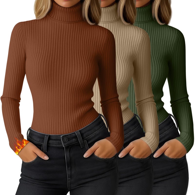 Ficerd 3 Pack Women's Ribbed Thermal Turtleneck Tops Long Sleeve Stretch Shirts Knitted Fitted Lightweight Base Layer(Large,Army Green, Khaki, Caramel) - Image 1