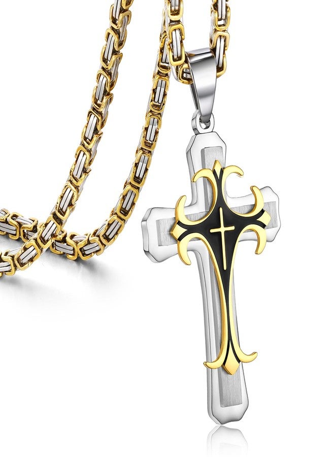 MEALGUET Stainless Steel Two-tone Cross Pendant Necklace with Byzantine Chain for Men - Image 1