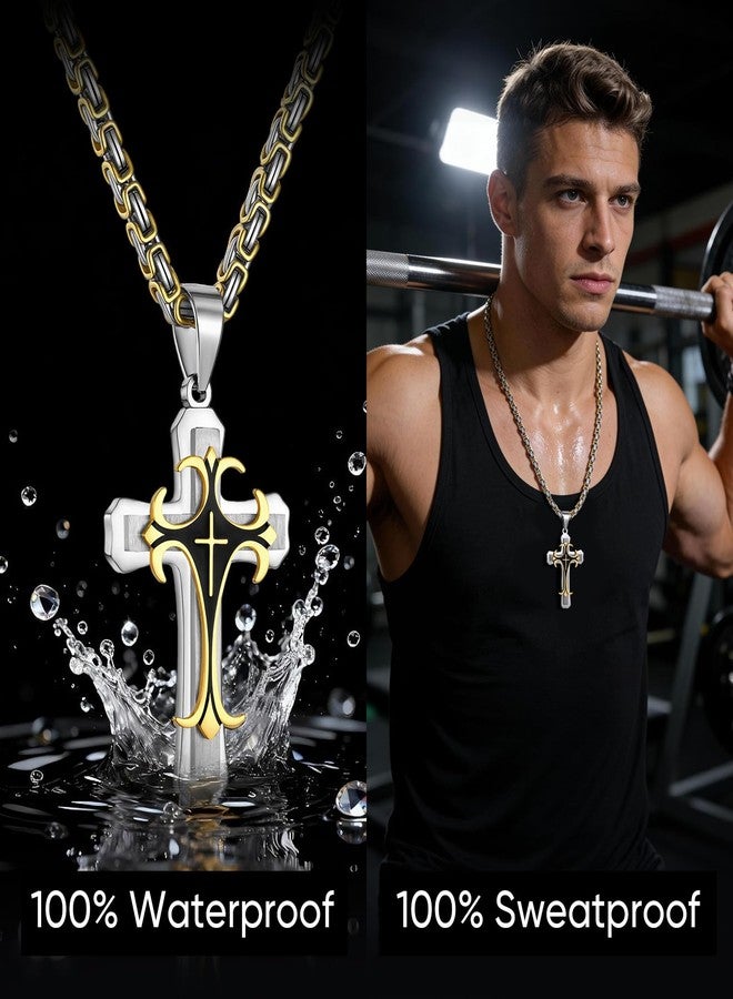 MEALGUET Stainless Steel Two-tone Cross Pendant Necklace with Byzantine Chain for Men - Image 5