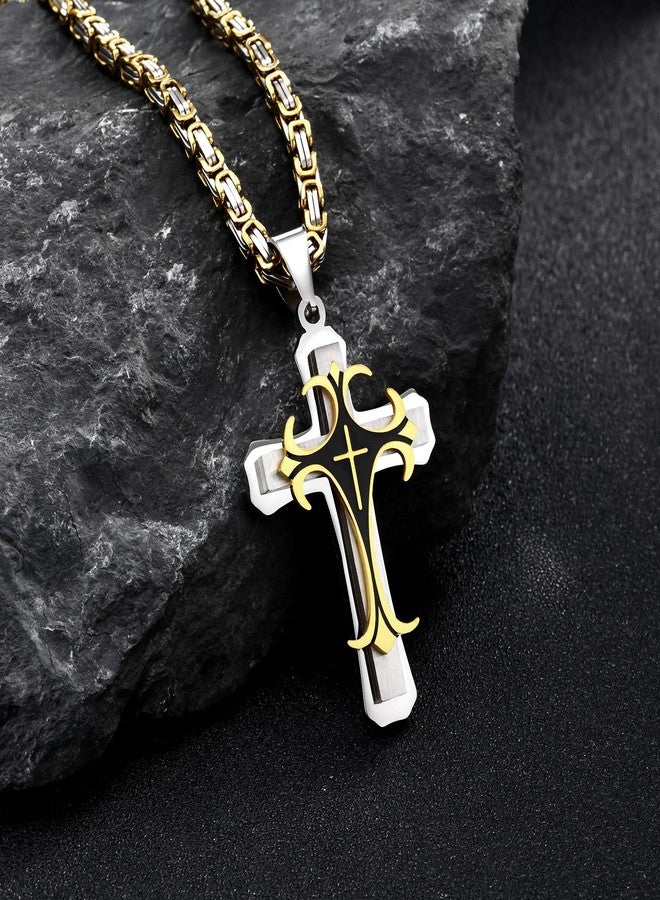 MEALGUET Stainless Steel Two-tone Cross Pendant Necklace with Byzantine Chain for Men - Image 3