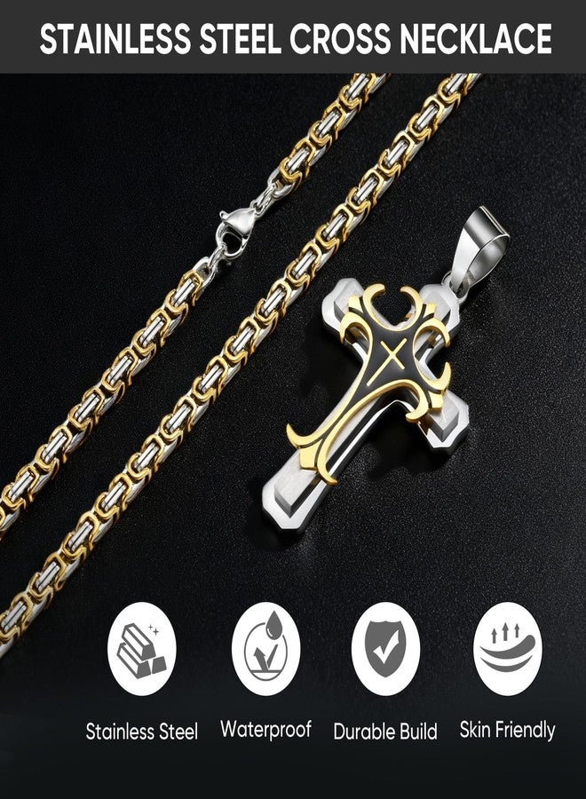 MEALGUET Stainless Steel Two-tone Cross Pendant Necklace with Byzantine Chain for Men - Image 2