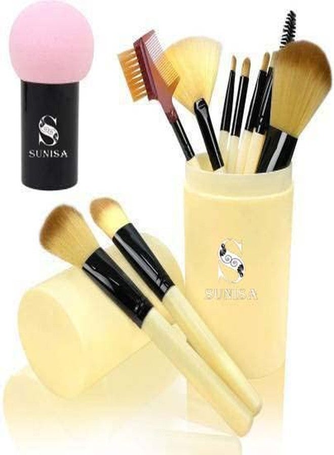 SUNISA Golden Soft Synthetic Bristle Light Weight Multipurpose Makeup Brushes Set of 12 and 1 Pink Mushroom Head Beauty Blender - (Pack of 13) - Image 1