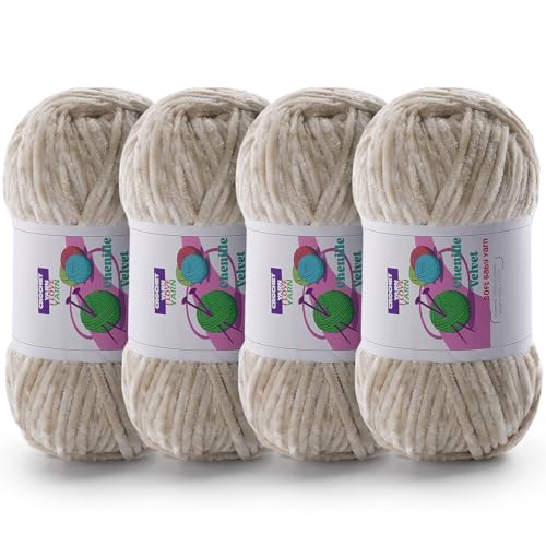 DAERBOF 4 Skeins Soft Chunky Chenille Yarn, Plush Velvet Yarn for Hand Knitting and Crocheting, Fluffy Yarn for Crochet Blankets, Scarves, Hats（4×3.5oz, 4×131.2yds） (Beige) - Image 1