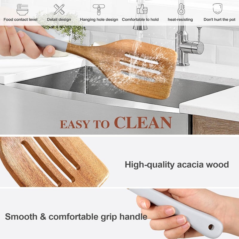 ROSOS Wooden Spoons For Cooking, 6 Pieces Natural Acacia Wooden Cooking Utensils or Non-Stick Wooden Kitchen Utensil Set for Kitchen Essentials, Wood Cooking Utensils Set with Hanging Hole, Grey - Image 4