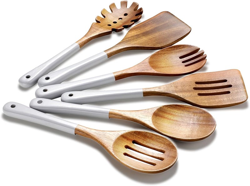 ROSOS Wooden Spoons For Cooking, 6 Pieces Natural Acacia Wooden Cooking Utensils or Non-Stick Wooden Kitchen Utensil Set for Kitchen Essentials, Wood Cooking Utensils Set with Hanging Hole, Grey - Image 1
