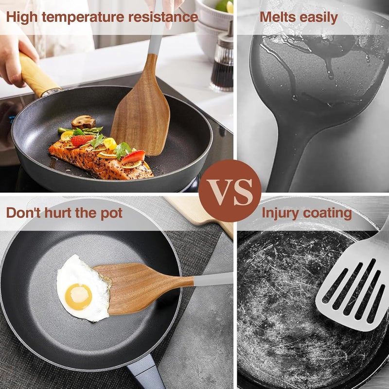 ROSOS Wooden Spoons For Cooking, 6 Pieces Natural Acacia Wooden Cooking Utensils or Non-Stick Wooden Kitchen Utensil Set for Kitchen Essentials, Wood Cooking Utensils Set with Hanging Hole, Grey - Image 3