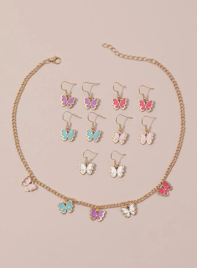 Pack of 6 - Girls Multi-Color Butterfly Charm Necklace and Earring