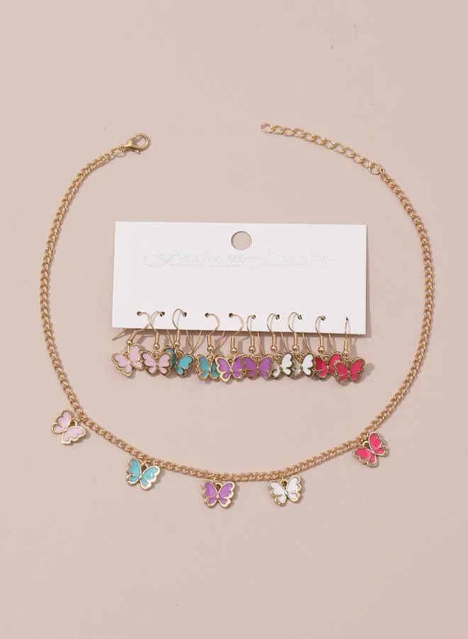 Take Two  Pack of 6 - Girls Multi-Color Butterfly Charm Necklace and Earring for Women | Best Price UAE