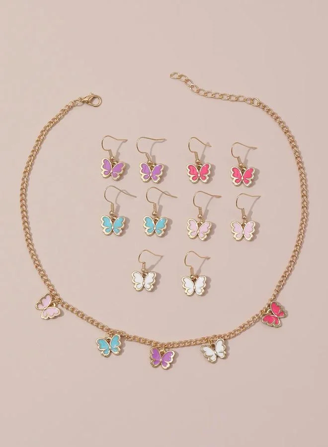 Take Two  Pack of 6 - Girls Multi-Color Butterfly Charm Necklace and Earring for Women | Best Price UAE
