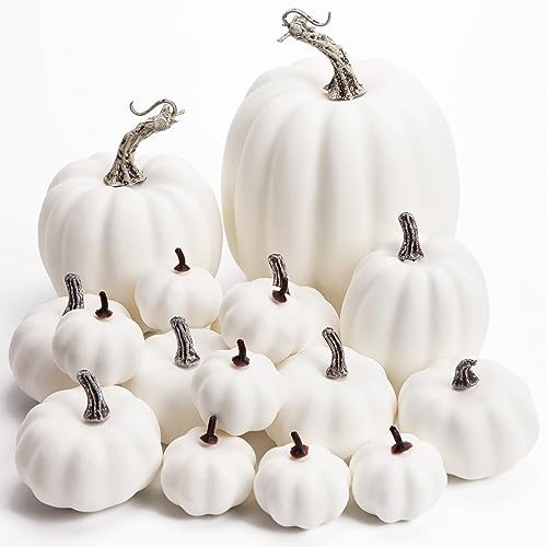DomeStar 16PCS Artificial White Pumpkins Assorted Sizes Fake Faux Rustic Harvest Farmhouse Pumpkins for Halloween Thanksgiving Fall Autumn Season Decorations