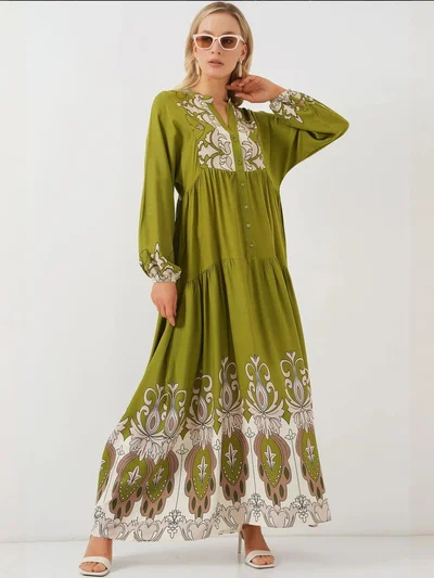 BIG DART BDART Patterned V-Neck Maxi Dress with Button Closure