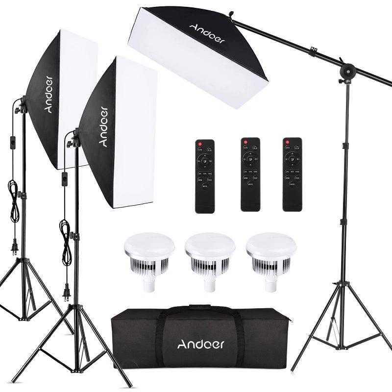 Andoer Softbox Photography Lighting Kit Professional Studio Equipment with 20"x28" Softbox, 2800-5700K 85W Bi-Color Temperature Bulb with Remote, Light Stand, Boom Arm for Portrait Product Shooting - Image 1