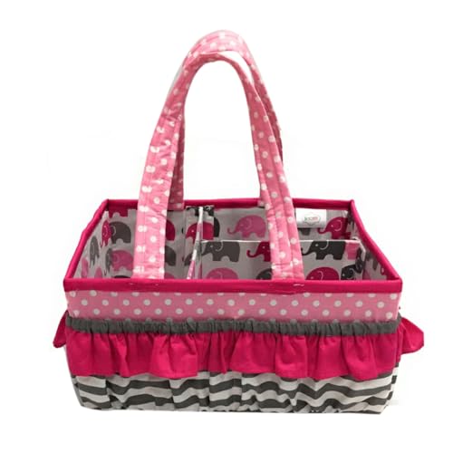 Bacati Elephants Girls Nursery Fabric Storage Caddy with Handles, Pink/Grey - Image 1