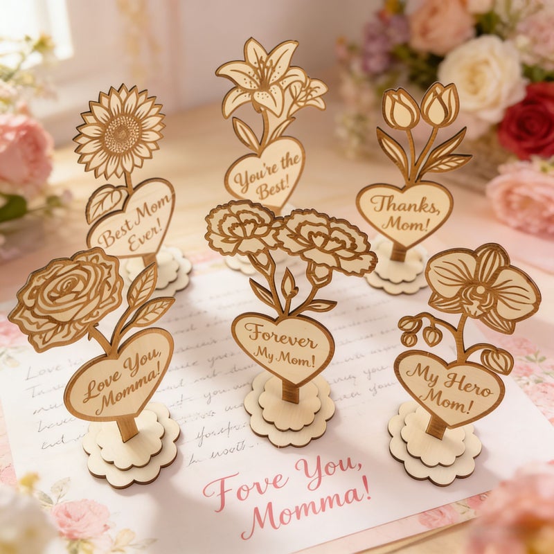2D Flat Wooden Floral Heart Sign Sunflowers Roses Lilies ZJH-20 Rustic Home Desktop Decoration - Image 1