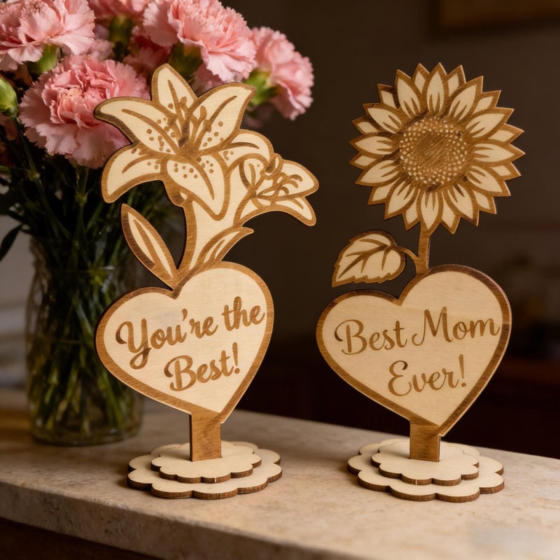 2D Flat Wooden Floral Heart Sign Sunflowers Roses Lilies ZJH-20 Rustic Home Desktop Decoration - Image 2
