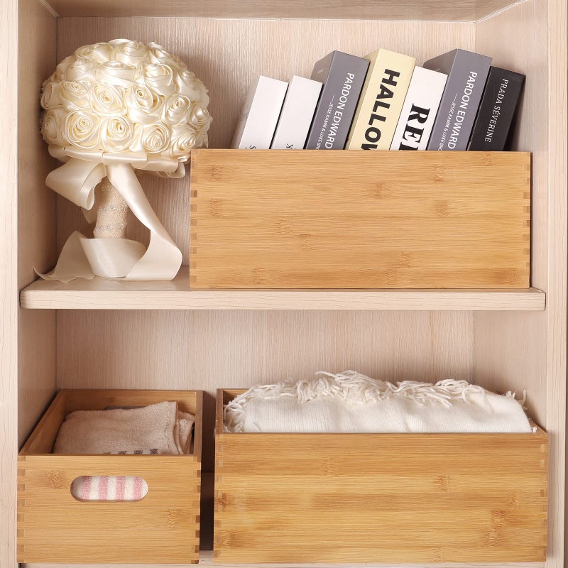 ANMINY Set of 4 Nesting Wooden Crates for Storage, Bamboo Wood Storage Containers Bins, Handmade Natural Large Wooden Storage Boxes Baskets with Handles for Organizing Shelf Closet Cabinet - Image 2