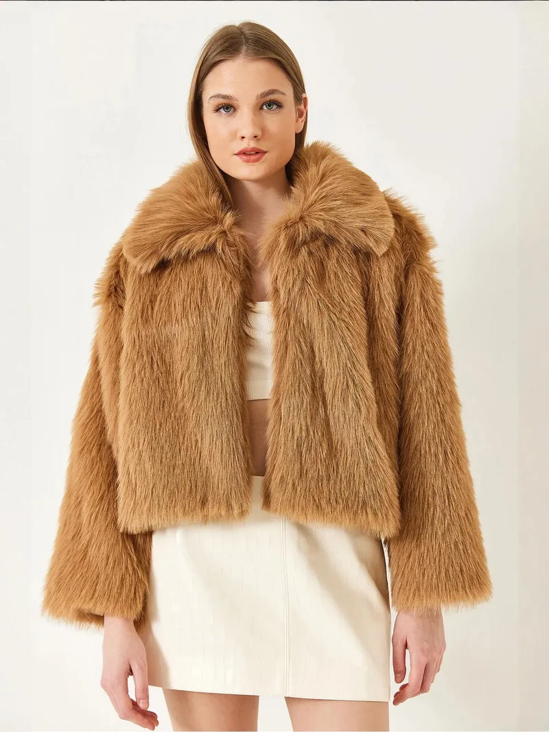 Bianco Lucci LUCCI Patterned Short Faux Fur Coat with Shawl Collar