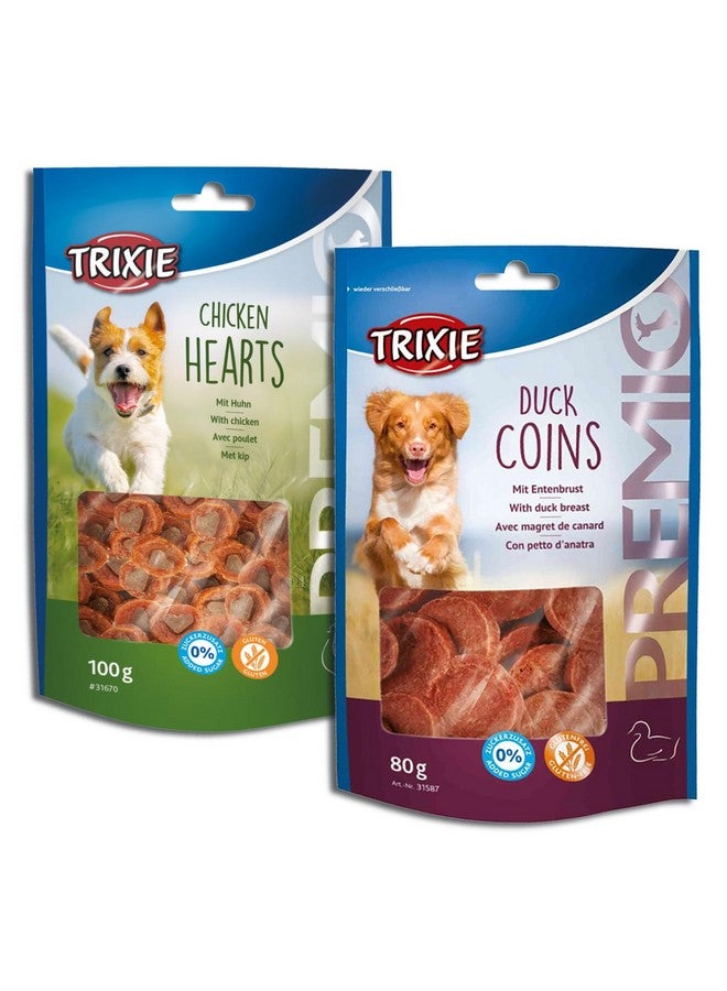 تريكسي مجموعة مكافآت الكلاب الفاخرة: قلوب الدجاج، 100 جرام وعملات البط، 80 جرام - وجبات خفيفة غنية بالبروتين وصحية وتدريبية لجميع سلالات الكلاب - Image 1