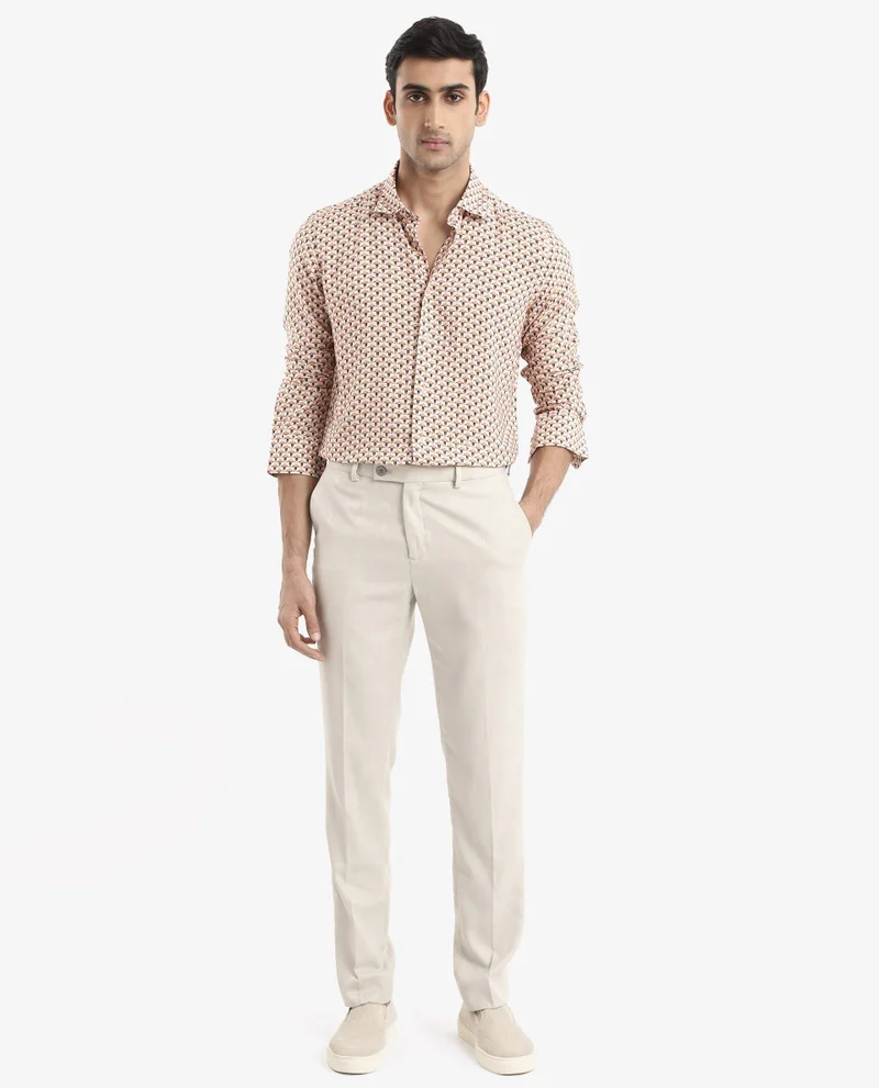 Rare Rabbit Rare Rabbit Men's Mizar Beige Viscose Fabric Full Sleeve Regular Fit Geometric Print Shirt
