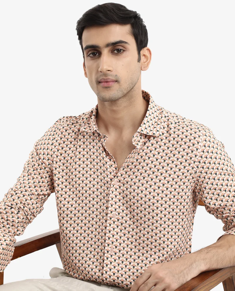 Rare Rabbit Rare Rabbit Men's Mizar Beige Viscose Fabric Full Sleeve Regular Fit Geometric Print Shirt