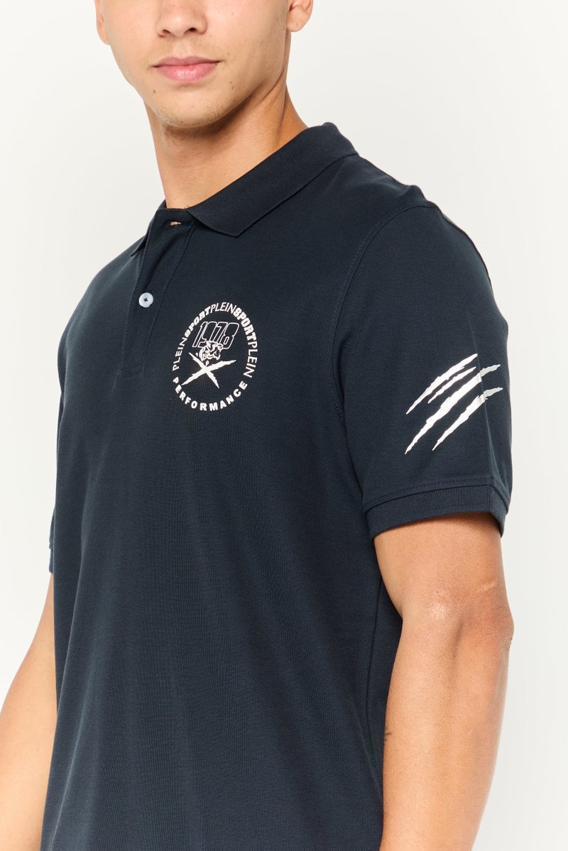 PHILIPP PLEIN Plein Sport Men Sportswear Fit Short Sleeve Outdoor Polo Shirt, Navy - Image 3