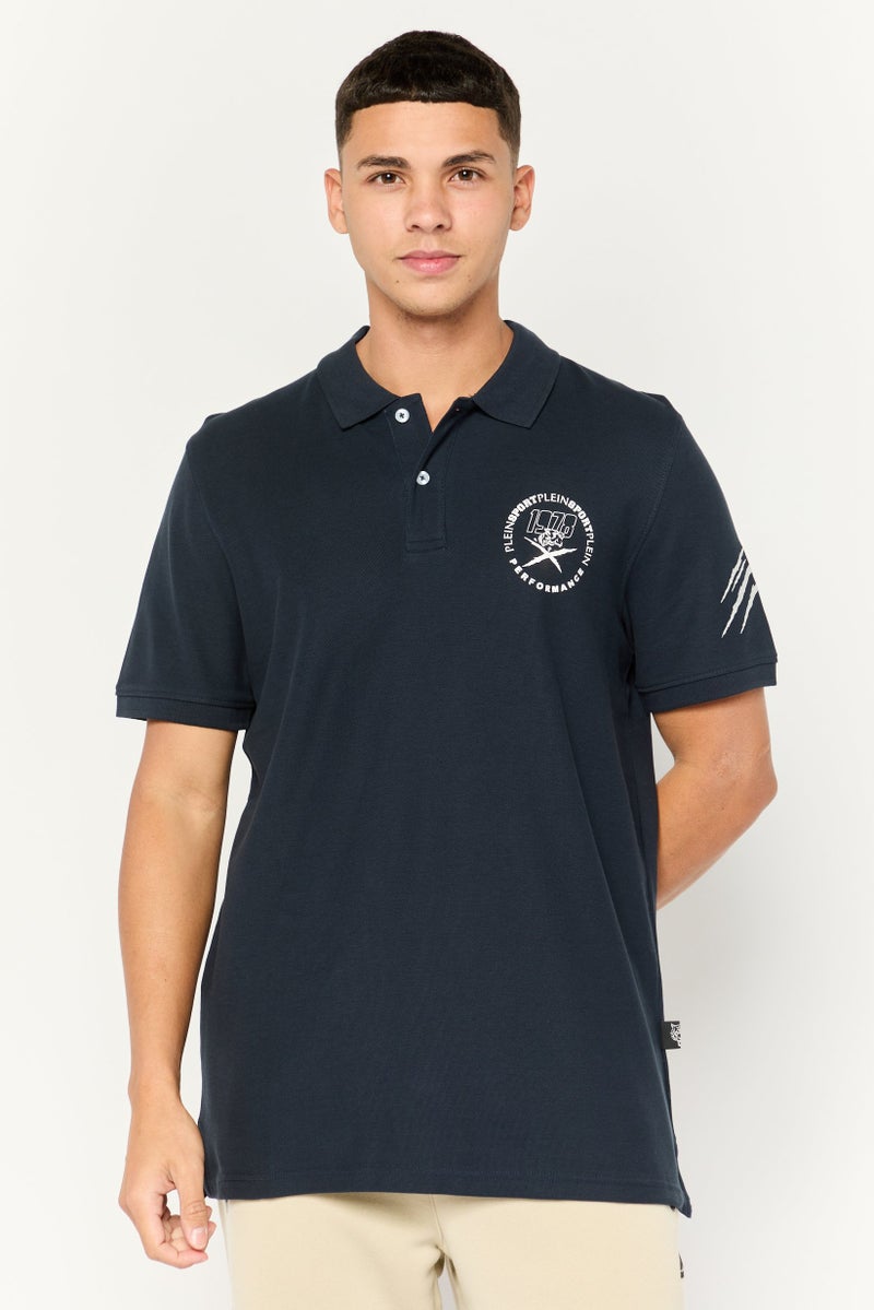 PHILIPP PLEIN Plein Sport Men Sportswear Fit Short Sleeve Outdoor Polo Shirt, Navy - Image 1