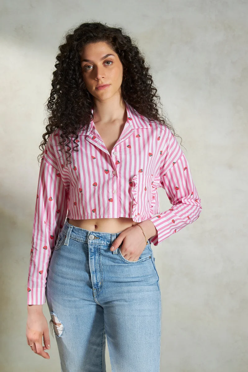 فيرجيو Cotton Striped Workwear Cropped Shirts for Women