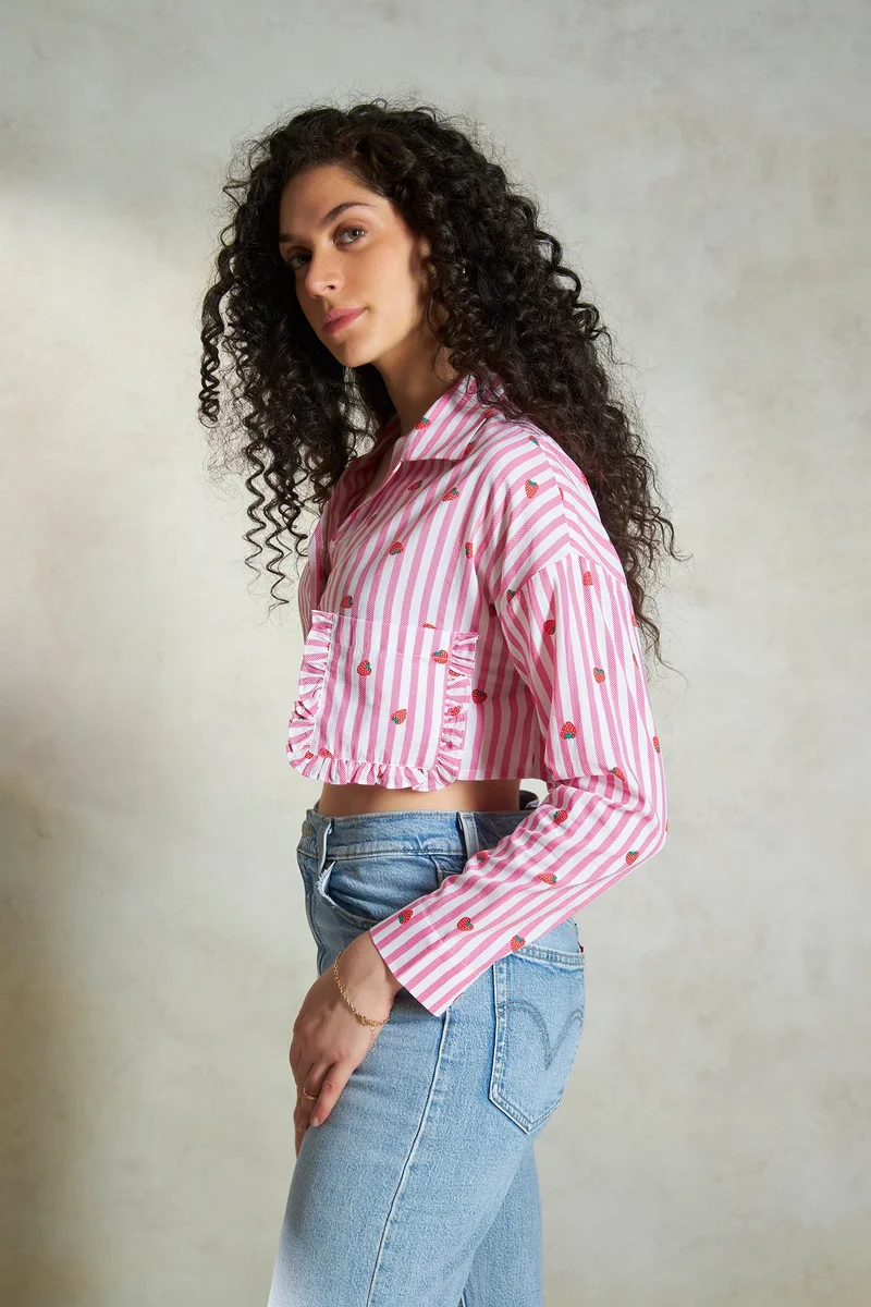 فيرجيو Cotton Striped Workwear Cropped Shirts for Women