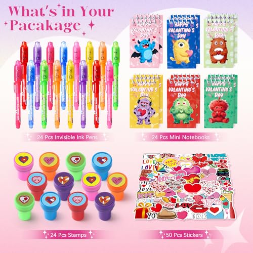SNLN Valentines Day Gifts for Kids Classroom 24 Pack Valentines Day Stationery Set with Monster Theme Invisible Ink Pen Notebook Stamp Sticker Valentines Party Favors for Kid School Classroom Exchange - Image 5