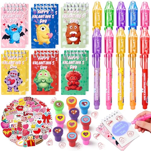 SNLN Valentines Day Gifts for Kids Classroom 24 Pack Valentines Day Stationery Set with Monster Theme Invisible Ink Pen Notebook Stamp Sticker Valentines Party Favors for Kid School Classroom Exchange - Image 1