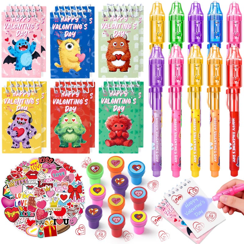 SNLN Valentines Day Gifts for Kids Classroom 24 Pack Valentines Day Stationery Set with Monster Theme Invisible Ink Pen Notebook Stamp Sticker Valentines Party Favors for Kid School Classroom Exchange - Image 3