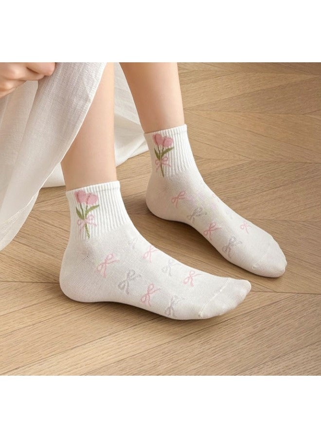 شيبشيب خمس أزواج من جوارب الكاحل المزينة بأزهار لطيفة، جوارب منخفضة القص قابلة للتنفس للبنات والنساء - Image 3