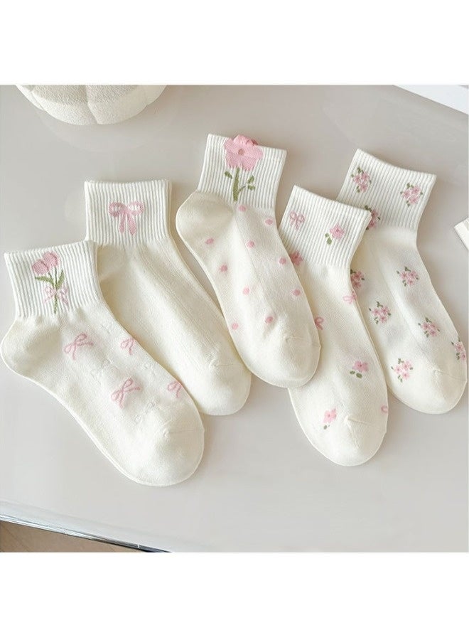 شيبشيب خمس أزواج من جوارب الكاحل المزينة بأزهار لطيفة، جوارب منخفضة القص قابلة للتنفس للبنات والنساء - Image 1