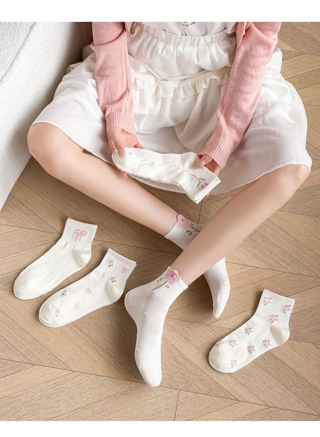 شيبشيب خمس أزواج من جوارب الكاحل المزينة بأزهار لطيفة، جوارب منخفضة القص قابلة للتنفس للبنات والنساء - Image 4