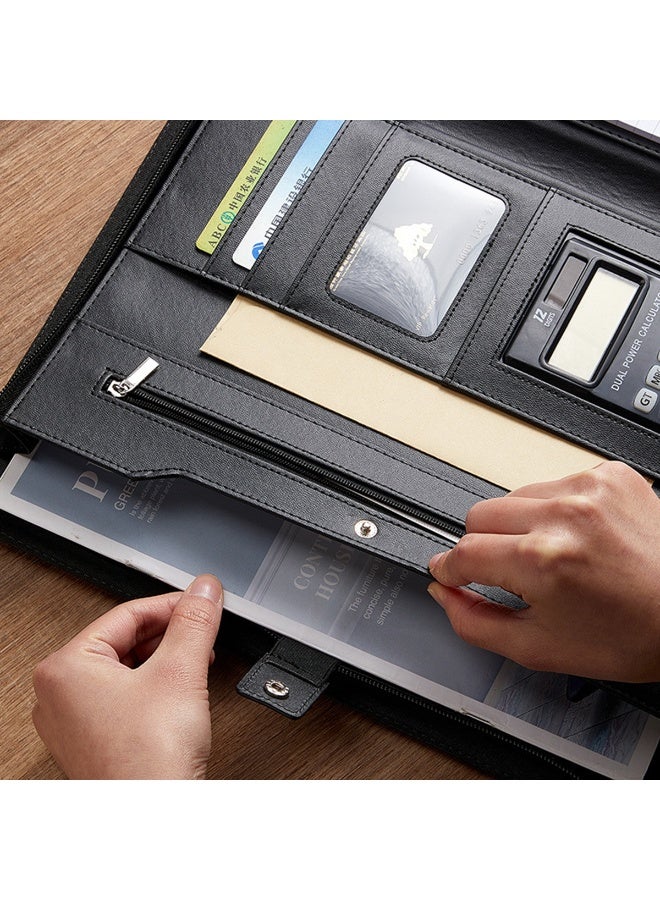 A4 Multi-Functional File Folder PU Leather Business Padfolio Paper Document Storage Organizer Black - Image 5