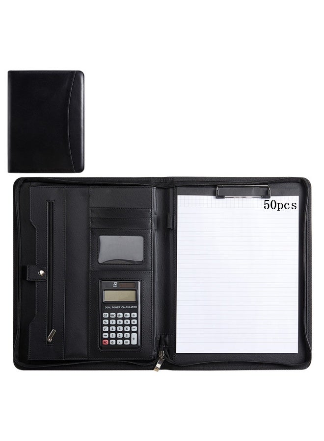 A4 Multi-Functional File Folder PU Leather Business Padfolio Paper Document Storage Organizer Black - Image 1