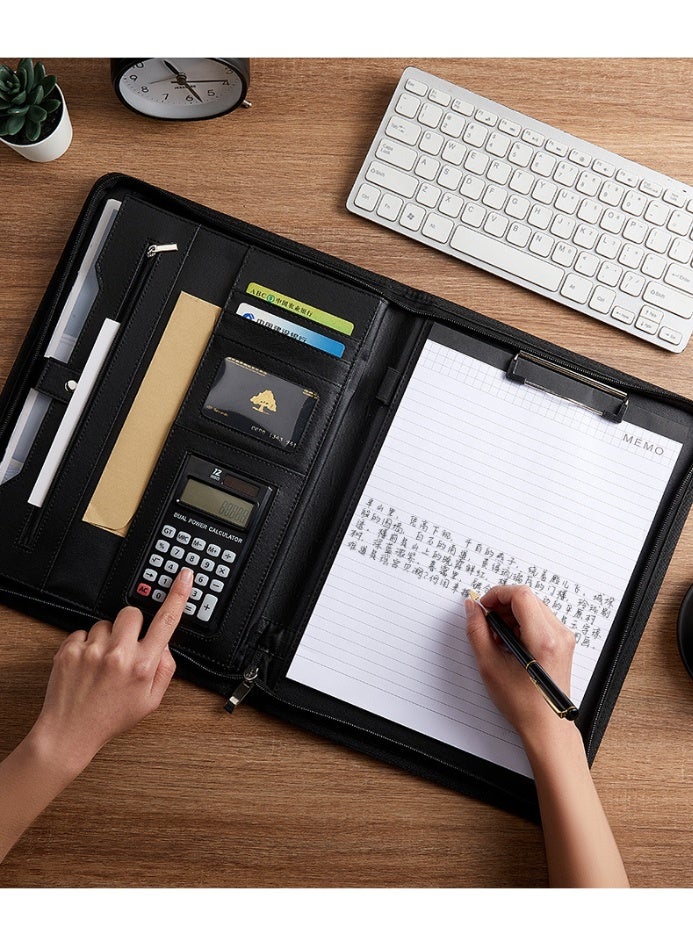 A4 Multi-Functional File Folder PU Leather Business Padfolio Paper Document Storage Organizer Black - Image 4