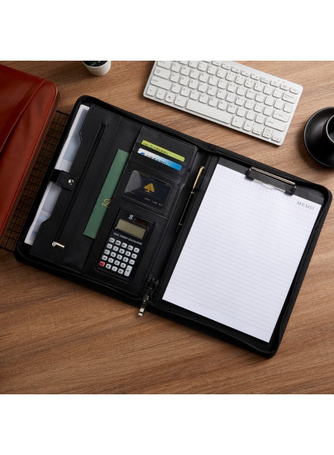 A4 Multi-Functional File Folder PU Leather Business Padfolio Paper Document Storage Organizer Black - Image 2