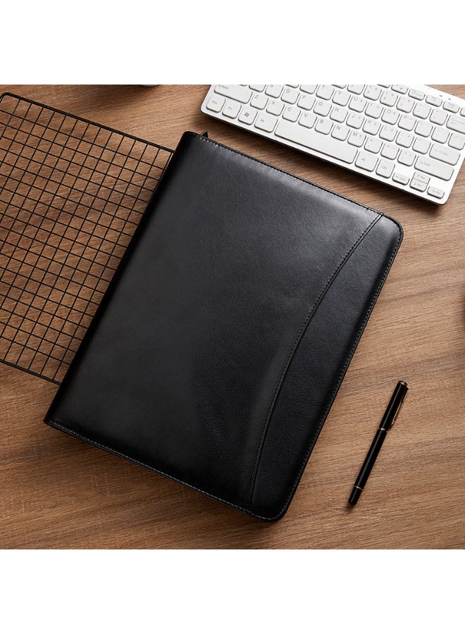 A4 Multi-Functional File Folder PU Leather Business Padfolio Paper Document Storage Organizer Black - Image 3