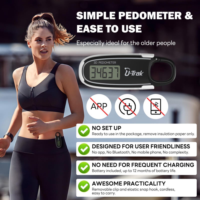U-Trak 3D Step Counter Clip On with Removable Clip and Spring Carabiner Simple 3D Pedometer for Walking, Accurate Step Tracker with Large Display for Men Women Kids Adults Seniors - Image 1