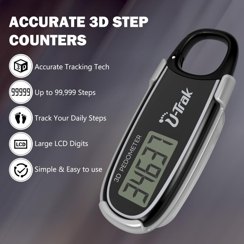 U-Trak 3D Step Counter Clip On with Removable Clip and Spring Carabiner Simple 3D Pedometer for Walking, Accurate Step Tracker with Large Display for Men Women Kids Adults Seniors - Image 2