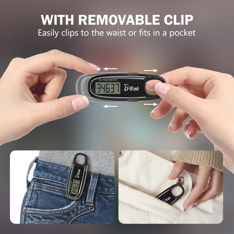 U-Trak 3D Step Counter Clip On with Removable Clip and Spring Carabiner Simple 3D Pedometer for Walking, Accurate Step Tracker with Large Display for Men Women Kids Adults Seniors - Image 5
