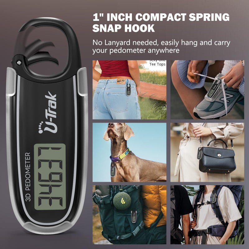 U-Trak 3D Step Counter Clip On with Removable Clip and Spring Carabiner Simple 3D Pedometer for Walking, Accurate Step Tracker with Large Display for Men Women Kids Adults Seniors - Image 4