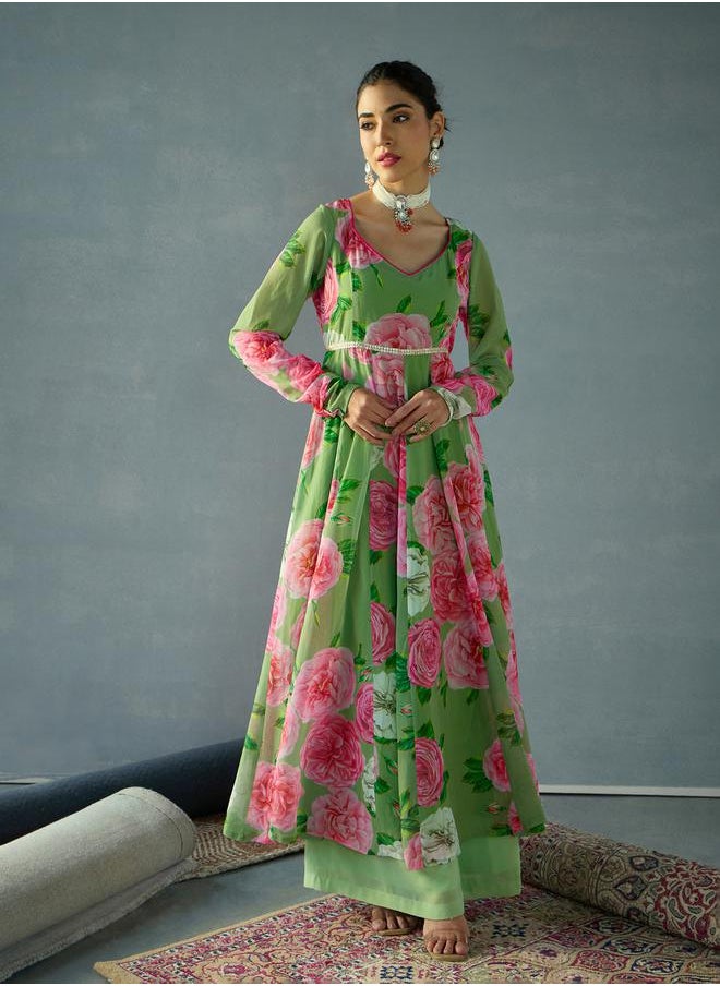 SASSAFRAS - Green Floral Sweetheart Neck Anarkali Kurta by Styli - Image 1