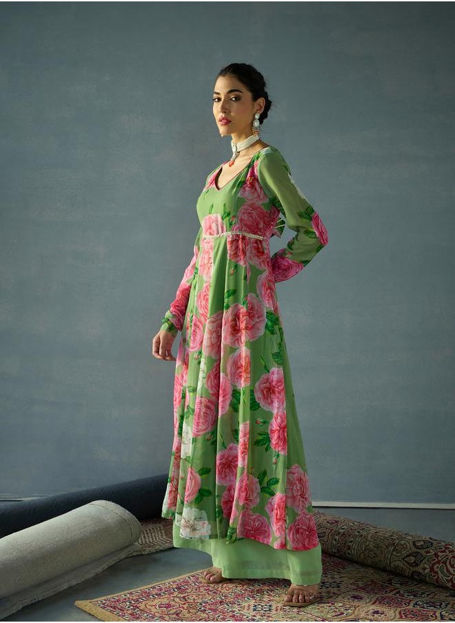 SASSAFRAS - Green Floral Sweetheart Neck Anarkali Kurta by Styli - Image 1