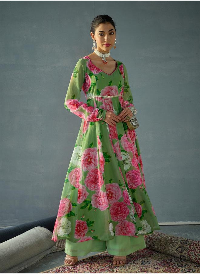 SASSAFRAS - Green Floral Sweetheart Neck Anarkali Kurta by Styli - Image 1